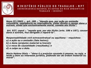 M IN IS T É R IO P Ú B LIC O D O T R A B A LH O - M P T
              CO O R D EN AD O R IA N ACIO N AL D E D EFESA D O M EIO AM BIEN TE D O
                                       TRABALHO – CODEM AT




•   Novo CC/2002 – art. 186 – “Aquele que, por ação ou omissão
    voluntária, negligência ou imprudência, violar direito e causar dano a
    outrem, ainda que exclusivamente moral, comete ato ilícito”.

•   Art. 927, caput – “aquele que, por ato ilícito (arts. 186 e 187), causar
    dano a outrem, fica obrigado a repará-lo”.

•   Responsabilidade civil extracontratual ou aquiliana – requisitos:
•   a) a ação ou a omissão (fato lesivo);
•   b) o dano (prejuízo material e/moral);
•   c) o nexo de causalidade (resultado); e
•   d) a culpa ou o dolo.

•   Maria Helena Diniz – “dano é o prejuízo causado à pessoa, ou seja, a
    lesão a bem ou interesse jurídico, podendo ser de ordem material ou
    moral”.
 