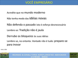 VOCÊ EMPRESÁRIO
SILVA, 2003
Acredite que no mundo moderno
Não tenha medo das idéias novas
Não defenda o passado isto é esforço desnecessário
Lembre-se, no entanto. Vontade não é tudo: prepare-se
para inovar
Lembre-se: Tradição não é jaula
Derrube os bloqueios às suas idéias
 
