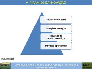 A PIRÂMIDE DA INOVAÇÃO
Inovação em Gestão
Inovação estratégica
Inovação de
produtos/serviços
Inovação operacional
HAMEL; BREEN, 2007
 
