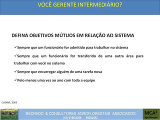 CUSIINS, 2003
VOCÊ GERENTE INTERMEDIÁRIO?
Sempre que um funcionário for admitido para trabalhar no sistema
Sempre que um funcionário for transferido de uma outra área para
trabalhar com você no sistema
Sempre que encarregar alguém de uma tarefa nova
Pelo menos uma vez ao ano com toda a equipe
DEFINA OBJETIVOS MÚTUOS EM RELAÇÃO AO SISTEMA
 