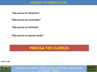 GENETT, 2007
DELEGAR DE FORMA EFICAZ
“Não precisa ser encantador”
“não precisa ser eloquente.”
“Não precisa ser grande orador”
“Não precisa ser brilhante”
PRECISA TER CLAREZA
 
