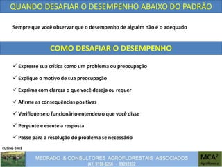 CUSINS 2003
QUANDO DESAFIAR O DESEMPENHO ABAIXO DO PADRÃO
Sempre que você observar que o desempenho de alguém não é o adequado
COMO DESAFIAR O DESEMPENHO
 Expresse sua crítica como um problema ou preocupação
 Explique o motivo de sua preocupação
 Exprima com clareza o que você deseja ou requer
 Afirme as consequências positivas
 Verifique se o funcionário entendeu o que você disse
 Pergunte e escute a resposta
 Passe para a resolução do problema se necessário
 
