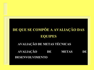 DE QUE SE COMPÕE A AVALIAÇÃO DAS
EQUIPES
AVALIAÇÃO DE METAS TÉCNICAS
AVALIAÇÃO DE METAS DE
DESENVOLVIMENTO
 