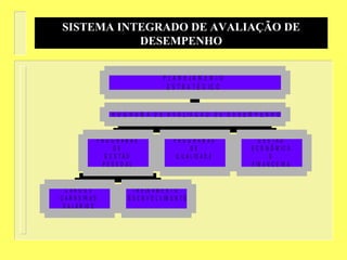 C A R G O S
C A R R E IR A S
S A L Á R IO S
T R E IN A M E N T O
D E S E N V O L V IM E N T O
P R O G R A M A S
D E
G E S T Ã O
P E S S O A L
P R O G R A M A S
D E
Q U A L ID A D E
G E S T Ã O
E C O N Ô M IC A
E
F IN A N C E IR A
P R O G R A M A D E A V A L I A Ç Ã O D E D E S E M P E N H O
P L A N E J A M E N T O
E S T R A T É G I C O
SISTEMA INTEGRADO DE AVALIAÇÃO DE
DESEMPENHO
 