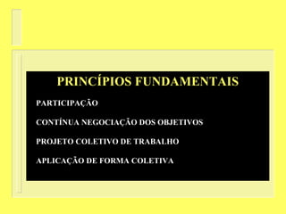 PRINCÍPIOS FUNDAMENTAIS
PARTICIPAÇÃO
CONTÍNUA NEGOCIAÇÃO DOS OBJETIVOS
PROJETO COLETIVO DE TRABALHO
APLICAÇÃO DE FORMA COLETIVA
 