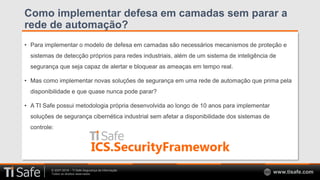 © 2007-2018 – TI Safe Segurança da Informação
Todos os direitos reservados www.tisafe.com
Como implementar defesa em camadas sem parar a
rede de automação?
• Para implementar o modelo de defesa em camadas são necessários mecanismos de proteção e
sistemas de detecção próprios para redes industriais, além de um sistema de inteligência de
segurança que seja capaz de alertar e bloquear as ameaças em tempo real.
• Mas como implementar novas soluções de segurança em uma rede de automação que prima pela
disponibilidade e que quase nunca pode parar?
• A TI Safe possui metodologia própria desenvolvida ao longo de 10 anos para implementar
soluções de segurança cibernética industrial sem afetar a disponibilidade dos sistemas de
controle:
 