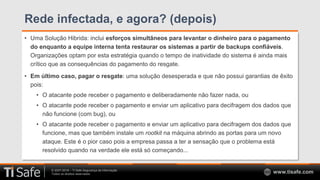 © 2007-2018 – TI Safe Segurança da Informação
Todos os direitos reservados www.tisafe.com
Rede infectada, e agora? (depois)
• Uma Solução Hibrida: inclui esforços simultâneos para levantar o dinheiro para o pagamento
do enquanto a equipe interna tenta restaurar os sistemas a partir de backups confiáveis.
Organizações optam por esta estratégia quando o tempo de inatividade do sistema é ainda mais
crítico que as consequências do pagamento do resgate.
• Em último caso, pagar o resgate: uma solução desesperada e que não possui garantias de êxito
pois:
• O atacante pode receber o pagamento e deliberadamente não fazer nada, ou
• O atacante pode receber o pagamento e enviar um aplicativo para decifragem dos dados que
não funcione (com bug), ou
• O atacante pode receber o pagamento e enviar um aplicativo para decifragem dos dados que
funcione, mas que também instale um rootkit na máquina abrindo as portas para um novo
ataque. Este é o pior caso pois a empresa passa a ter a sensação que o problema está
resolvido quando na verdade ele está só começando...
 