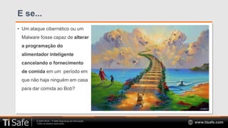 © 2007-2018 – TI Safe Segurança da Informação
Todos os direitos reservados www.tisafe.com
E se...
• Um ataque cibernético ou um
Malware fosse capaz de alterar
a programação do
alimentador inteligente
cancelando o fornecimento
de comida em um período em
que não haja ninguém em casa
para dar comida ao Bob?
 