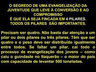 O SEGREDO DE UMA EVANGELIZAÇÃO DA
JUVENTUDE QUE LEVE À CONVERSÃO E AO
COMPROMISSO
É QUE ELA SEJA FINCADA EM 4 PILARES.
TODOS OS PILARES SÃO IMPORTANTES.

Precisam ser quatro. Não basta dar atenção a um
pilar ou dois pilares ou três pilares. Têm que ser
quatro e o peso deve ser distribuído igualmente
entre todos. Se faltar um pilar, cai todo o
processo de evangelização dos jovens – como
caiu o guindaste no Itaquerão – o maior do país
com capacidade de levantar 500 toneladas.
22

 