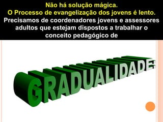 Não há solução mágica.
O Processo de evangelização dos jovens é lento.
Precisamos de coordenadores jovens e assessores
adultos que estejam dispostos a trabalhar o
conceito pedagógico de

 