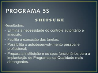 S HI T S U KE
Resultados:
• Elimina a necessidade do controle autoritário e
imediato;
• Facilita a execução das tarefas;
• Possibilita o autodesenvolvimento pessoal e
profissional;
• Prepara a instituição e os seus funcionários para a
implantação de Programas da Qualidade mais
abrangentes.
 