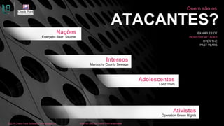 ©2016 Check Point Software Technologies Ltd. 23
Quem são os
ATACANTES?
EXAMPLES OF
INDUSTRY ATTACKS
OVER THE
PAST YEARS
Ativistas
Operation Green Rights
Internos
Maroochy County Sewage
Adolescentes
Lodz Tram
Energetic Bear, Stuxnet
Nações
[Internal Use] for Check Point employees​​©2016 Check Point Software Technologies Ltd.
 