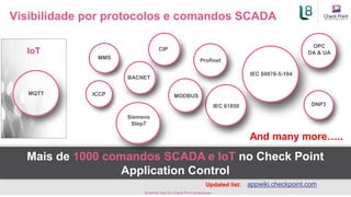 Visibilidade por protocolos e comandos SCADA
[Internal Use] for Check Point employees​​
Mais de 1000 comandos SCADA e IoT no Check Point
Application Control
MMS
DNP3
Siemens
Step7
IEC 60870-5-104
IEC 61850
ICCP
OPC
DA & UA
Profinet
CIP
IoT
MQTT MODBUS
And many more…..
BACNET
Updated list: appwiki.checkpoint.com
 