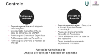 Controle
• Fase de aprendizagem - Descubra
automaticamente ativos e
comunicação
• Análise de Comportamento
Baseada em Anomalias
• Gerar modelo de linha de base de
alta fidelidade
• Gerar mapa de ameaças de
segurança e processos
• Fase de aprendizado - tráfego de
rede e registro
• Configuração manual da linha de
base de comandos do SCADA
• Políticas para Comandos Específicos
• Políticas para Valores Específicos
• Políticas para Dia/Hora e Padrões de
Tráfego
Políticas pré-
definidas
Detecção de
Anomalia
Aplicação Combinada de
Análise pré-definida + baseada em anomalia
 