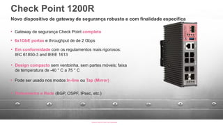 • Gateway de segurança Check Point completo
[Internal Use] for Check Point employees​​
• Em conformidade com os regulamentos mais rigorosos:
IEC 61850-3 and IEEE 1613
• 6x1GbE portas e throughput de de 2 Gbps
• Design compacto sem ventoinha, sem partes móveis; faixa
de temperatura de -40 ° C a 75 ° C
• Pode ser usado nos modos In-line ou Tap (Mirror)
• Roteamento e Rede (BGP, OSPF, IPsec, etc.)
Check Point 1200R
Novo dispositivo de gateway de segurança robusto e com finalidade específica
 