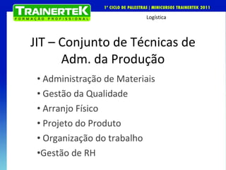 JIT – Conjunto de Técnicas de Adm. da Produção Administração de Materiais Gestão da Qualidade Arranjo Físico Projeto do Produto Organização do trabalho Gestão de RH 