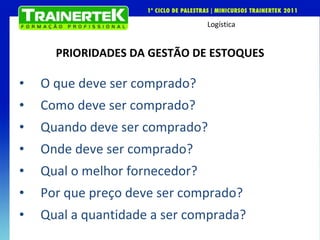 PRIORIDADES DA GESTÃO DE ESTOQUES O que deve ser comprado? Como deve ser comprado? Quando deve ser comprado? Onde deve ser comprado? Qual o melhor fornecedor? Por que preço deve ser comprado? Qual a quantidade a ser comprada? 