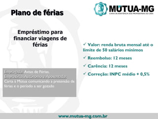 Plano de férias

       Empréstimo para
     financiar viagens de
            férias                          Valor: renda bruta mensal até o
                                           limite de 50 salários mínimos
                                            Reembolso: 12 meses
                                            Carência: 12 meses
Empregado: Aviso de Férias.
                                            Correção: INPC médio + 0,5%
Empresário, Autônomo e Aposentado:
Carta à Mútua comunicando a pretensão de
férias e o período a ser gozado




                              www.mutua-mg.com.br
 
