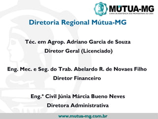 Diretoria Regional Mútua-MG

      Téc. em Agrop. Adriano Garcia de Souza
              Diretor Geral (Licenciado)


Eng. Mec. e Seg. do Trab. Abelardo R. de Novaes Filho
                 Diretor Financeiro


        Eng.ª Civil Júnia Márcia Bueno Neves
               Diretora Administrativa
                   www.mutua-mg.com.br
 