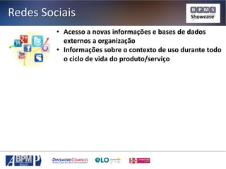 Redes Sociais
• Acesso a novas informações e bases de dados
externos a organização
• Informações sobre o contexto de uso durante todo
o ciclo de vida do produto/serviço

 