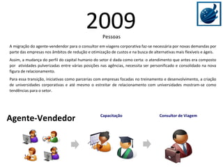Pessoas Agente-Vendedor Consultor de Viagem A migração do agente-vendendor para o consultor em viagens corporativa faz-se necessária por novas demandas por parte das empresas nos âmbitos de redução e otimização de custos e na busca de alternativas mais flexíveis e ágeis. Assim, a mudança do perfil do capital humano do setor é dada como certa: o atendimento que antes era composto por  atividades pulverizadas entre várias posições nas agências, necessita ser personificado e consolidado na nova figura de relacionamento. Para essa transição, iniciativas como parcerias com empresas focadas no treinamento e desenvolvimento, a criação de universidades corporativas e até mesmo o estreitar de relacionamento com universidades mostram-se como tendências para o setor.  Capacitação 2009 