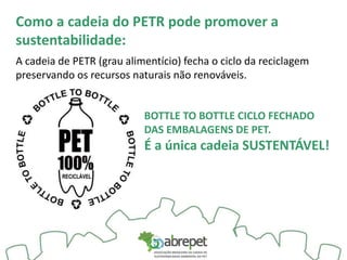 Como a cadeia do PETR pode promover a
sustentabilidade:
A cadeia de PETR (grau alimentício) fecha o ciclo da reciclagem
preservando os recursos naturais não renováveis.
BOTTLE TO BOTTLE CICLO FECHADO
DAS EMBALAGENS DE PET.
É a única cadeia SUSTENTÁVEL!
 