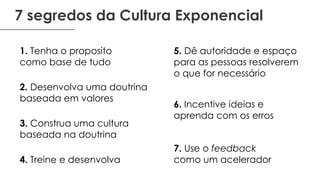 7 segredos da Cultura Exponencial
1. Tenha o proposito
como base de tudo
2. Desenvolva uma doutrina
baseada em valores
3. Construa uma cultura
baseada na doutrina
4. Treine e desenvolva
5. Dê autoridade e espaço
para as pessoas resolverem
o que for necessário
6. Incentive ideias e
aprenda com os erros
7. Use o feedback
como um acelerador
 