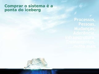 Comprar o sistema é a ponta do iceberg  Processos, Pessoas, Mudanças, Aderência, Infraestrutura, Treinamentos, ...muito mais Contratar a Seleção de Sistemas  reduz custos  em torno de  160 %  em relação a compra realizada de forma direta. Fale com o GrupoMENTHOR 