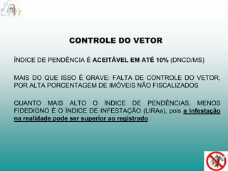 CONTROLE DO VETOR 
ÍNDICE DE PENDÊNCIA É ACEITÁVEL EM ATÉ 10% (DNCD/MS) 
MAIS DO QUE ISSO É GRAVE: FALTA DE CONTROLE DO VETOR, 
POR ALTA PORCENTAGEM DE IMÓVEIS NÃO FISCALIZADOS 
QUANTO MAIS ALTO O ÍNDICE DE PENDÊNCIAS, MENOS 
FIDEDIGNO É O ÍNDICE DE INFESTAÇÃO (LIRAa), pois a infestação 
na realidade pode ser superior ao registrado 
 