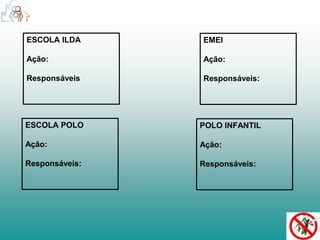 ESCOLA ILDA 
Ação: 
Responsáveis 
POLO INFANTIL 
Ação: 
Responsáveis: 
ESCOLA POLO 
Ação: 
Responsáveis: 
EMEI 
Ação: 
Responsáveis: 
