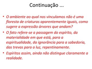 Continuação ...
• O ambiente ao qual nos vinculamos não é uma
  floresta de criaturas aparentemente iguais, como
  sugere a expressão árvores que andam?
• O fato refere-se a passagem do espírito, da
  materialidade em que está, para a
  espiritualidade, da ignorância para a sabedoria,
  das trevas para a luz, repentinamente.
• Espíritos assim, ainda não distingue claramente a
  realidade.
 