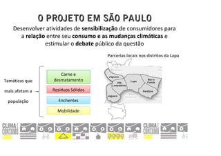 O PROJETO EM SÃO PAULO
    Desenvolver atividades de sensibilização de consumidores para 
      a relação entre seu consumo e as mudanças climáticas e 
               estimular o debate público da questão
                                       Parcerias locais nos distritos da Lapa 


                       Carne e 
Temáticas que       desmatamento

mais afetam a      Resíduos Sólidos

 população           Enchentes

                     Mobilidade
 