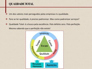 QUALIDADE TOTAL Um dos valores mais perseguidos pelas empresas é a qualidade.  Para se ter qualidade, é preciso padronizar. Mas como padronizar serviços?  Qualidade Total: é a busca pela excelência. Pelo defeito zero. Pela perfeição. Mesmo sabendo que a perfeição não existe! 