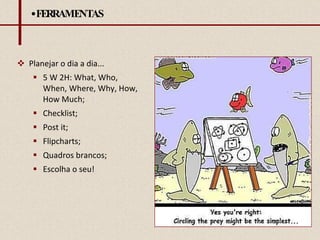 FERRAMENTAS Planejar o dia a dia... 5 W 2H: What, Who, When, Where, Why, How, How Much; Checklist; Post it; Flipcharts; Quadros brancos; Escolha o seu! 