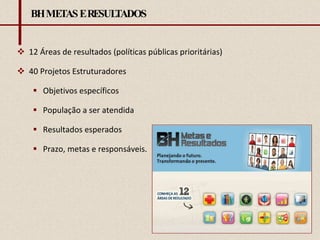 BH METAS E RESULTADOS 12 Áreas de resultados (políticas públicas prioritárias) 40 Projetos Estruturadores Objetivos específicos População a ser atendida Resultados esperados Prazo, metas e responsáveis. 