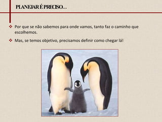 PLANEJAR É PRECISO... Por que se não sabemos para onde vamos, tanto faz o caminho que escolhemos. Mas, se temos objetivo, precisamos definir como chegar lá! 