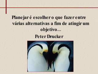 Planejar é escolher o que fazer entre várias alternativas a fim de atingir um objetivo... Peter Drucker 