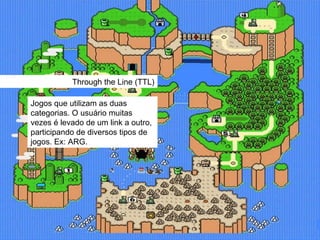 Through the Line (TTL) Jogos que utilizam as duas categorias. O usuário muitas vezes é levado de um link a outro, participando de diversos tipos de jogos. Ex: ARG. 