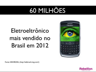 Mobile	

Eletroeltrônico
mais vendido no
Brasil em 2012 	

Fonte: IAB BRASIL (http://iabbrasil.ning.com/)	

60 MILHÕES 	

 