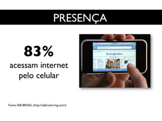 Mobile	

83% 	

acessam internet
pelo celular	

Fonte: IAB BRASIL (http://iabbrasil.ning.com/)	

PRESENÇA	

 