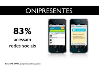 Mobile	

83% 	

acessam	

redes sociais	

Fonte: IAB BRASIL (http://iabbrasil.ning.com/)	

ONIPRESENTES	

 