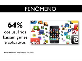 Mobile	

64% 	

dos usuários 	

baixam games	

e aplicativos	

Fonte: IAB BRASIL (http://iabbrasil.ning.com/)	

FENÔMENO	

 
