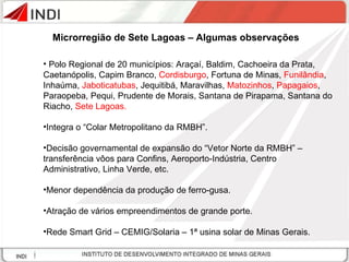 Microrregião de Sete Lagoas – Algumas observações Polo Regional de 20 municípios: Araçaí, Baldim, Cachoeira da Prata, Caetanópolis, Capim Branco,  Cordisburgo , Fortuna de Minas,  Funilândia , Inhaúma,  Jaboticatubas , Jequitibá, Maravilhas,  Matozinhos ,  Papagaios , Paraopeba, Pequi, Prudente de Morais, Santana de Pirapama, Santana do Riacho,  Sete Lagoas. Integra o “Colar Metropolitano da RMBH”.  Decisão governamental de expansão do “Vetor Norte da RMBH” – transferência vôos para Confins, Aeroporto-Indústria, Centro Administrativo, Linha Verde, etc.  Menor dependência da produção de ferro-gusa.  Atração de vários empreendimentos de grande porte.  Rede Smart Grid – CEMIG/Solaria – 1ª usina solar de Minas Gerais.  