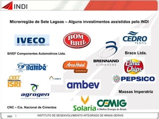 Microrregião de Sete Lagoas – Alguns investimentos assistidos pelo INDI Massas Imperatriz CNC – Cia. Nacional de Cimentos Braco Ltda.  SIVEF Componentes Automotivos Ltda.  