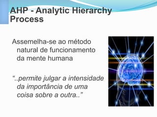 AHP - Analytic Hierarchy 
Process 
Assemelha-se ao método 
natural de funcionamento 
da mente humana 
“..permite julgar a intensidade 
da importância de uma 
coisa sobre a outra..” 
 