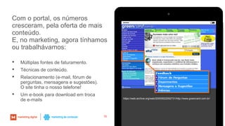 Com o portal, os números
cresceram, pela oferta de mais
conteúdo.
E, no marketing, agora tínhamos
ou trabalhávamos:
10
https://web.archive.org/web/20000622092731/http://www.greencard.com.br/
 Múltiplas fontes de faturamento.
 Técnicas de conteúdo.
 Relacionamento (e-mail, fórum de
perguntas, mensagens e sugestões).
O site tinha o nosso telefone!
 Um e-book para download em troca
de e-mails
 