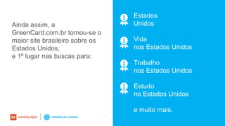 17
Estados
Unidos
Vida
nos Estados Unidos
Trabalho
nos Estados Unidos
Estudo
no Estados Unidos
e muito mais.
Ainda assim, a
GreenCard.com.br tornou-se o
maior site brasileiro sobre os
Estados Unidos,
e 1º lugar nas buscas para:
 