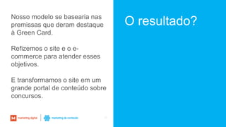 33
O resultado?Nosso modelo se basearia nas
premissas que deram destaque
à Green Card.
Refizemos o site e o e-
commerce para atender esses
objetivos.
E transformamos o site em um
grande portal de conteúdo sobre
concursos.
 