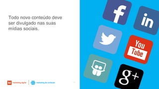 66
Todo novo conteúdo deve
ser divulgado nas suas
mídias sociais.
 