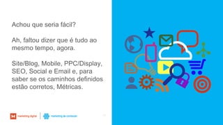 70
Achou que seria fácil?
Ah, faltou dizer que é tudo ao
mesmo tempo, agora.
Site/Blog, Mobile, PPC/Display,
SEO, Social e Email e, para
saber se os caminhos definidos
estão corretos, Métricas.
 